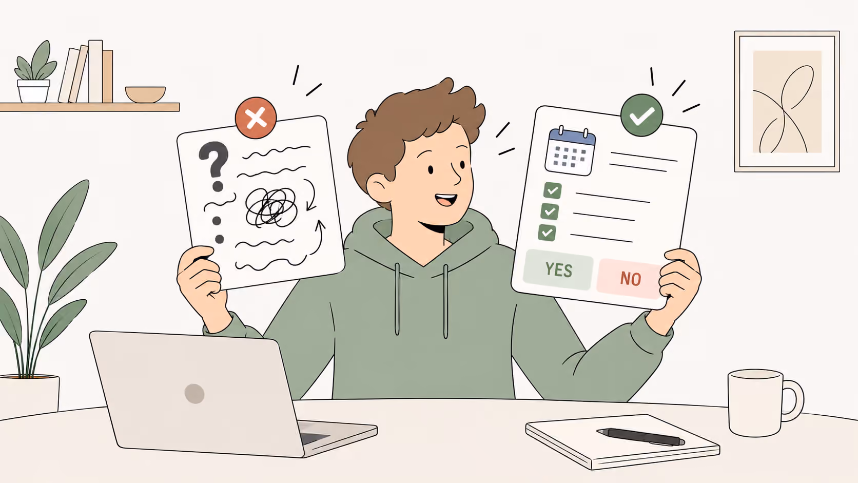 A young man compares a messy, unclear question with a clear YES/NO question that has a date and a checklist