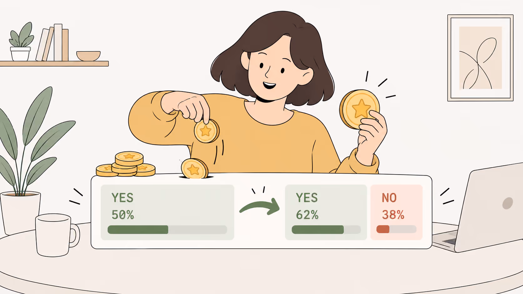 A young woman drops star-marked game coins on the YES side, moving the probability from 50% to 62%