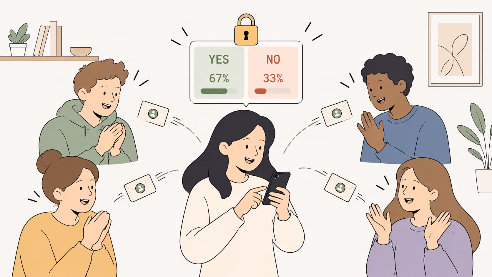 Uma jovem envia pelo celular convites a quatro amigos para um mercado de SIM/NÃO privado, só para convidados