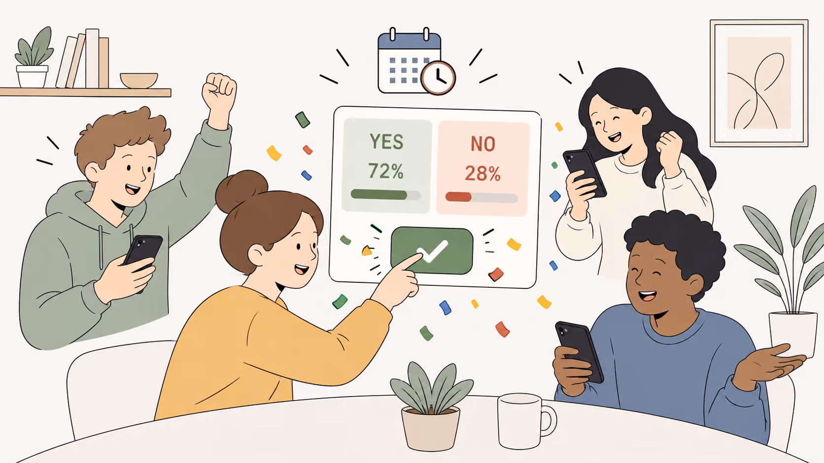 Uma jovem aperta um botão verde de confirmação para resolver um mercado de SIM/NÃO enquanto os amigos comemoram com o celular na mão