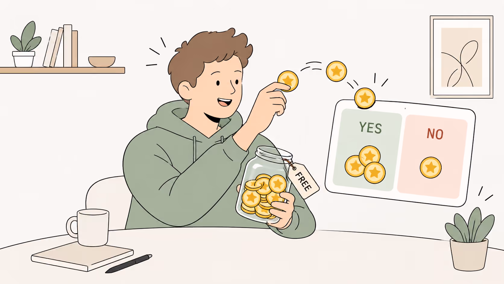 Um jovem sorridente tira de um pote moedas de jogo gratuitas com uma estrela e as coloca em um cartão de previsão SIM/NÃO