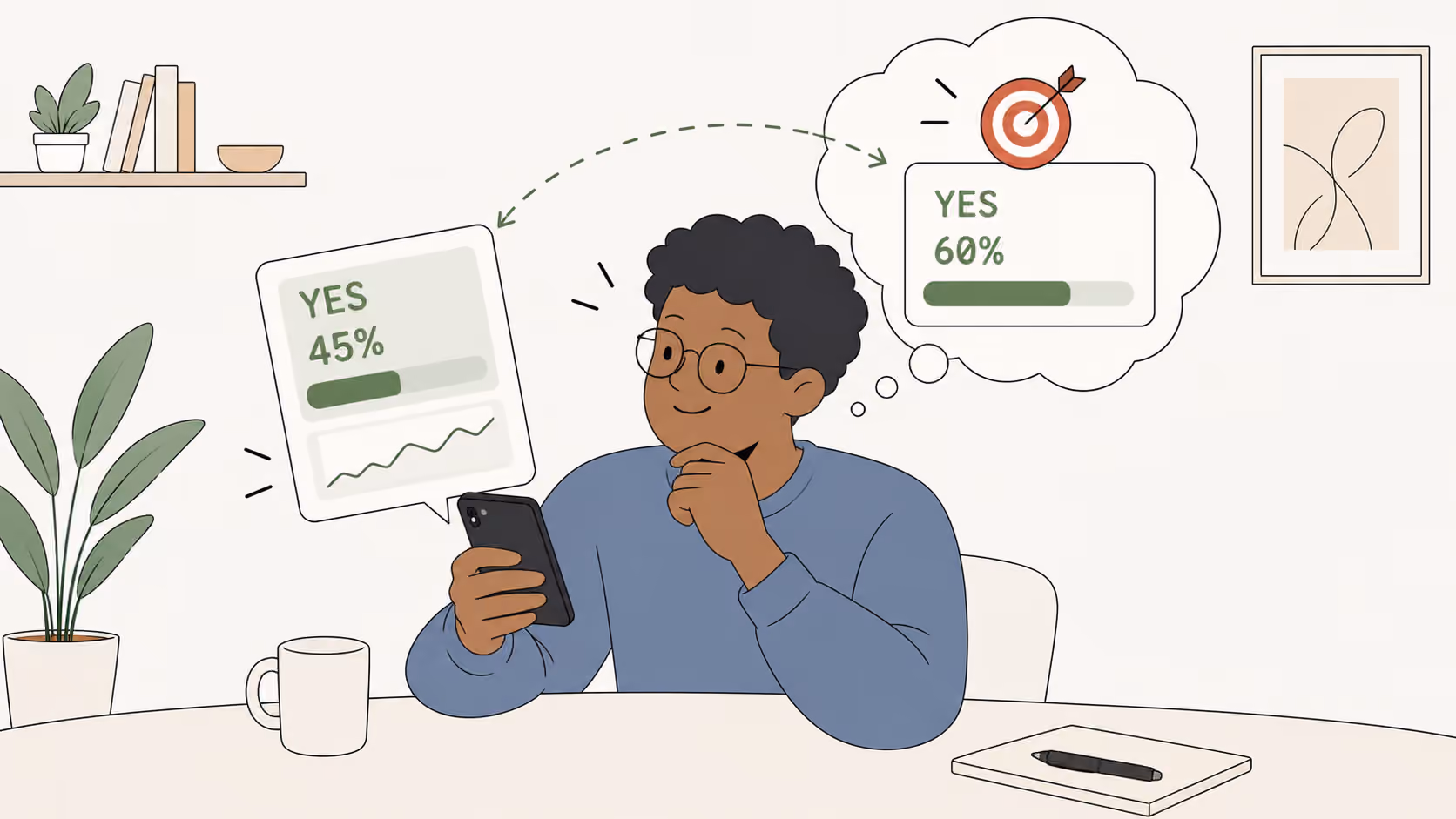 A young man compares the market's 45% YES on his phone with his own estimate of 60% YES